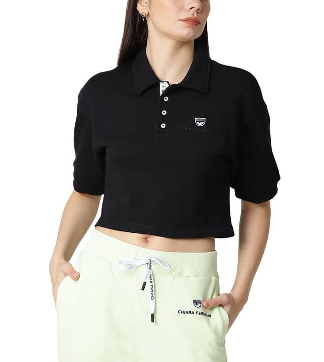 chiara ferragni black logo classic regular fit crop polo t-shirt