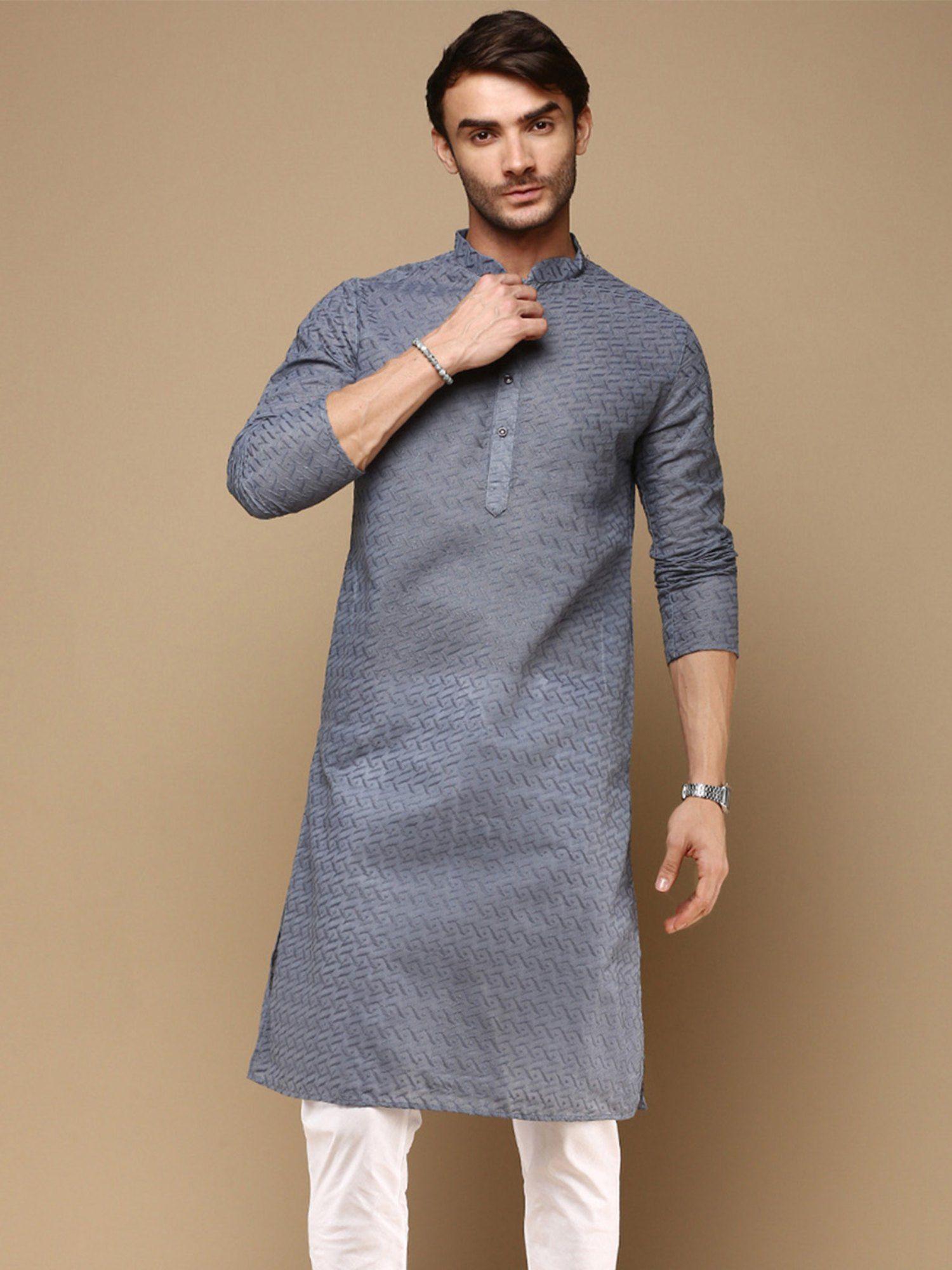 chic classic mens grey chikankari designer cotton kurta