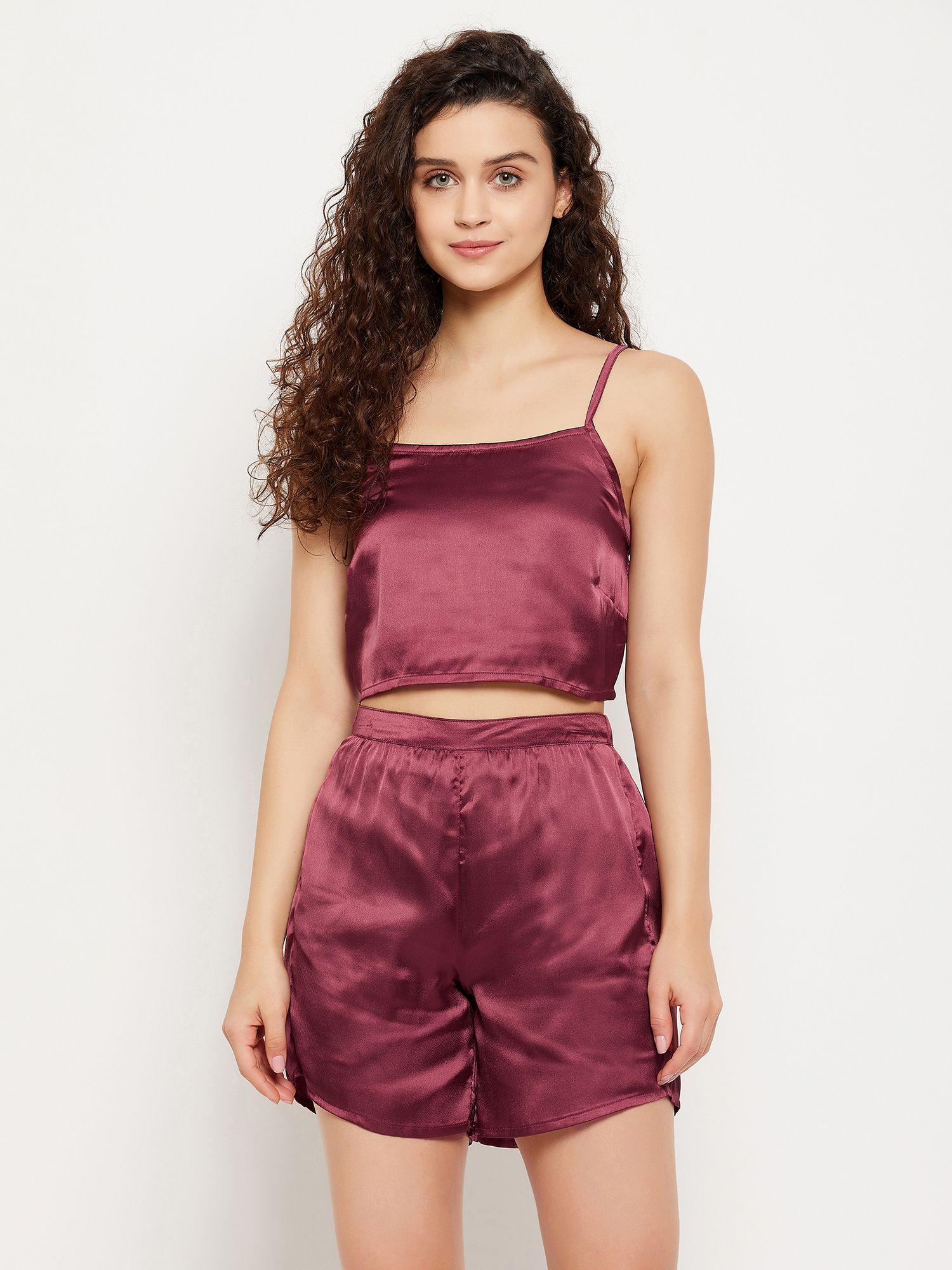 chic basic crop top & shorts set in maroon - satin