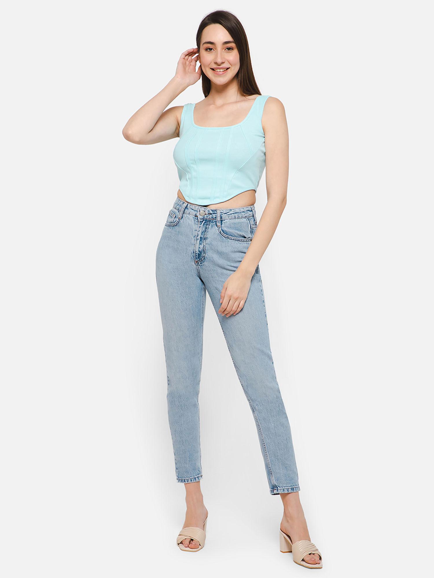 chic basic ribbed corset style crop top in baby blue - cotton