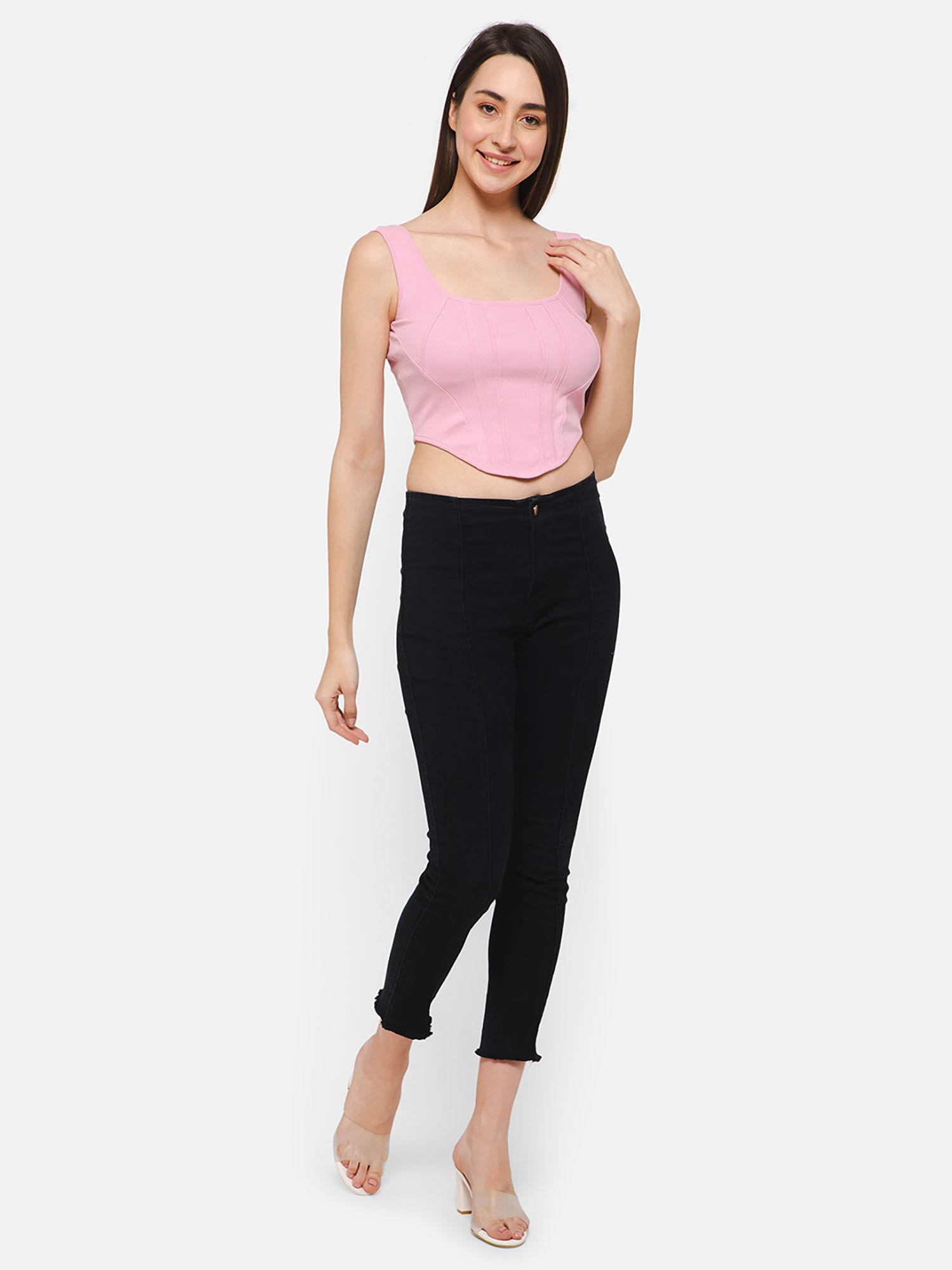 chic basic ribbed corset style crop top in baby pink - cotton