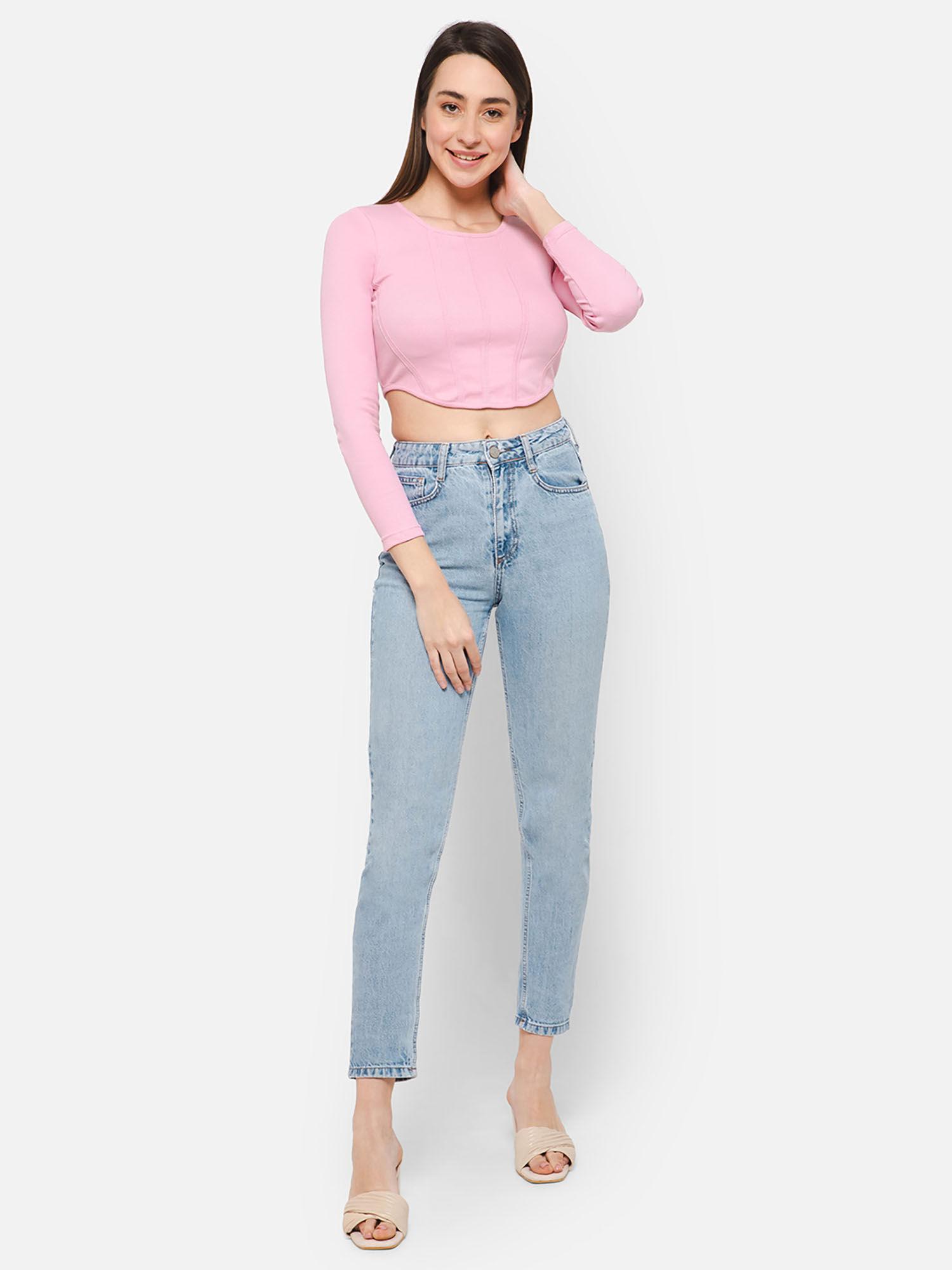 chic basic ribbed corset style crop top in baby pink - cotton