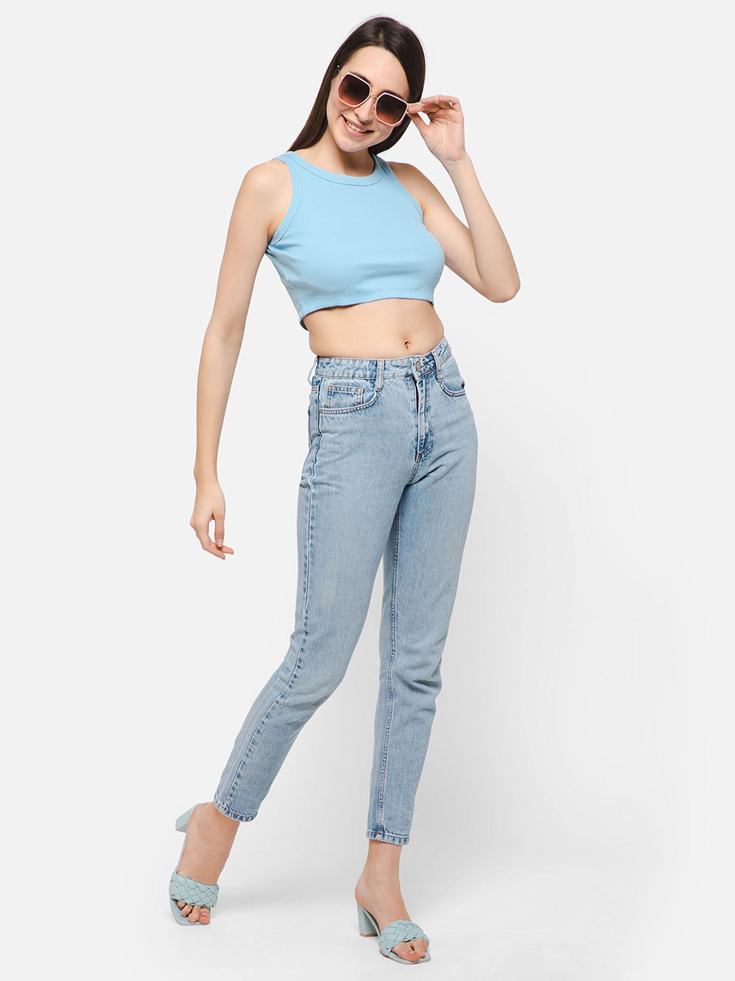 chic basic ribbed crop top in baby blue - cotton