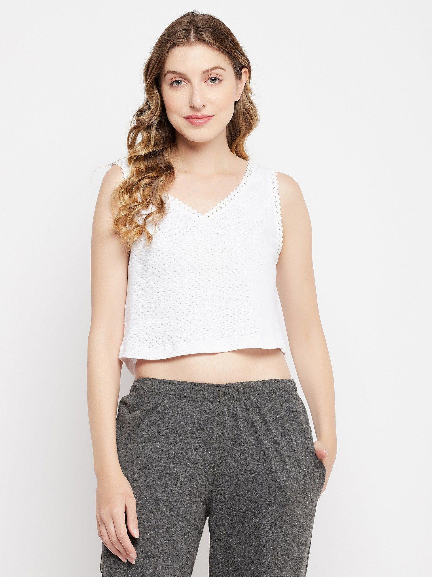 chic basic self-patterned crop tank top in white-100% cotton