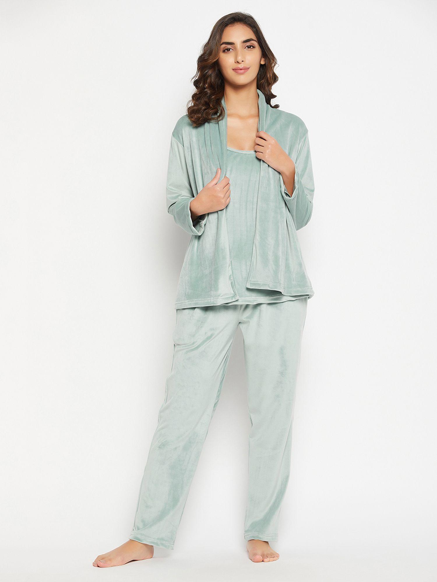 chic basic top, pyjama & shrug in sage green - velour (set of 3)