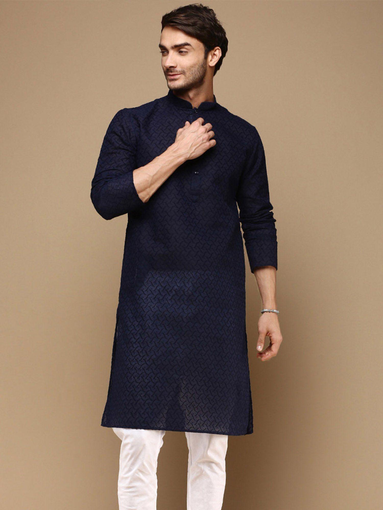 chic classic men deep blue chikankari designer cotton kurta