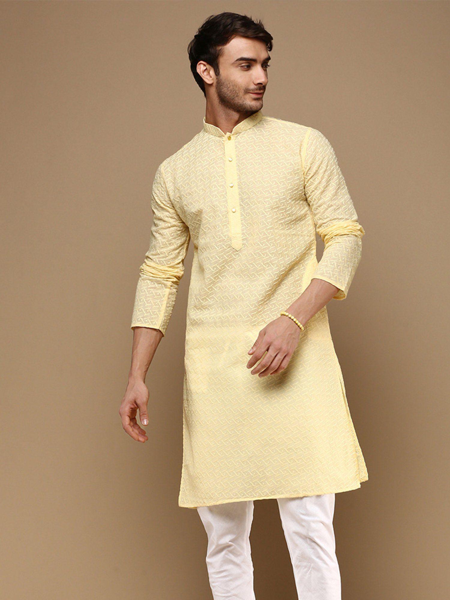 chic classic mens light yellow chikankari designer cotton kurta