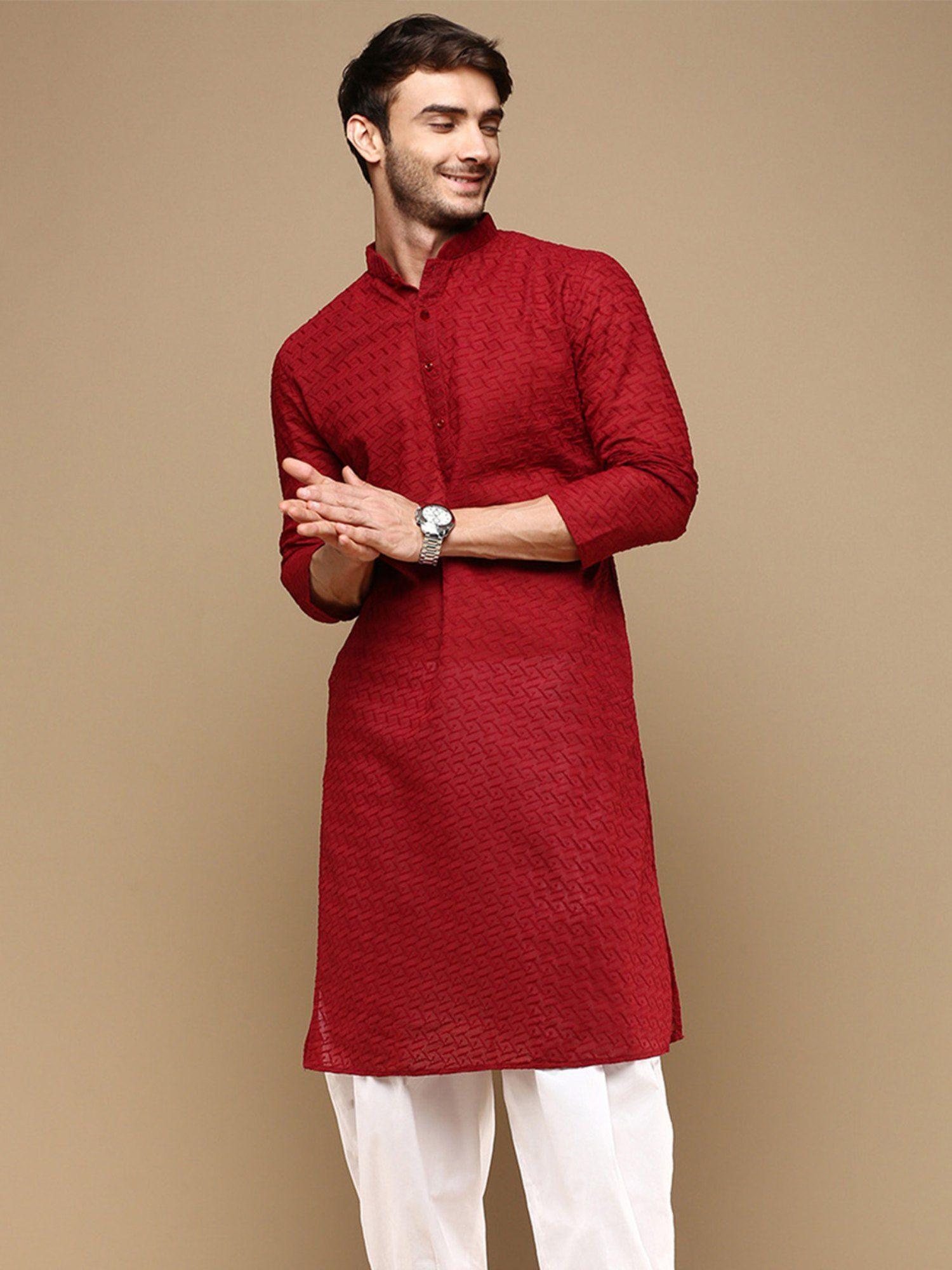 chic classic mens maroon chikankari designer cotton kurta