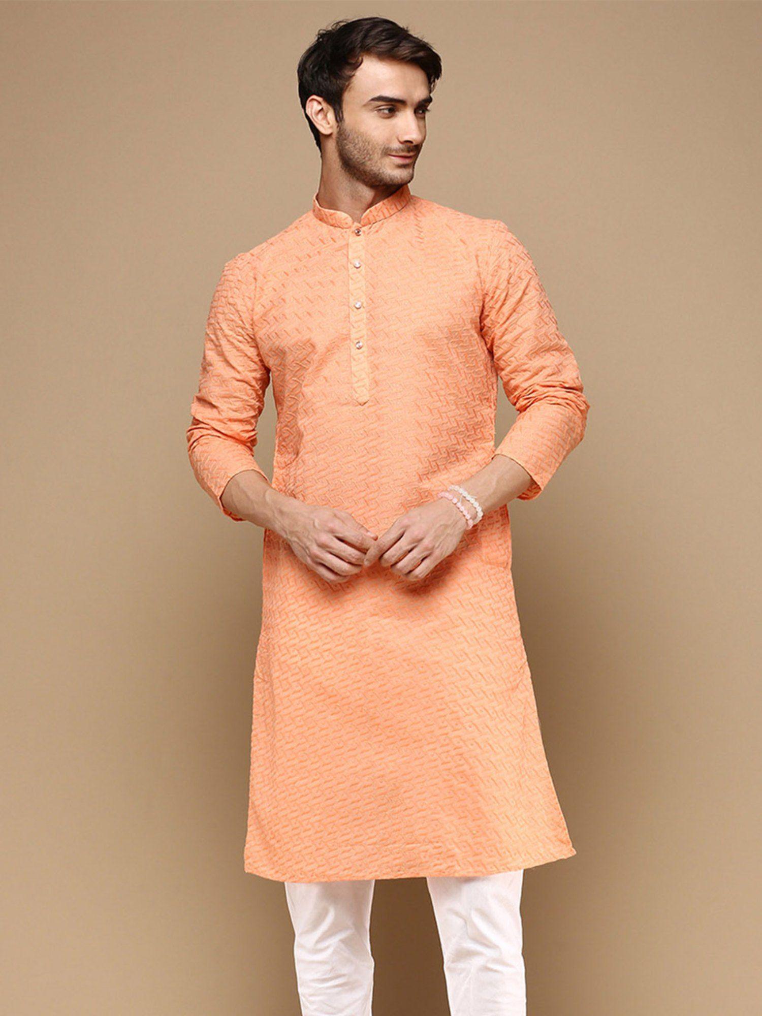 chic classic mens orange chikankari designer cotton kurta