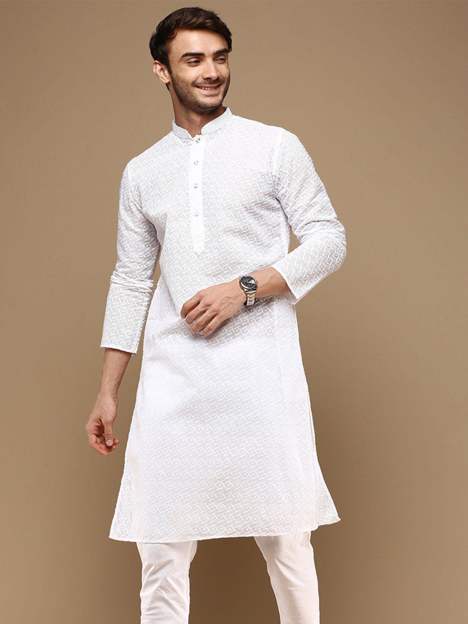 chic classic mens white chikankari designer cotton kurta