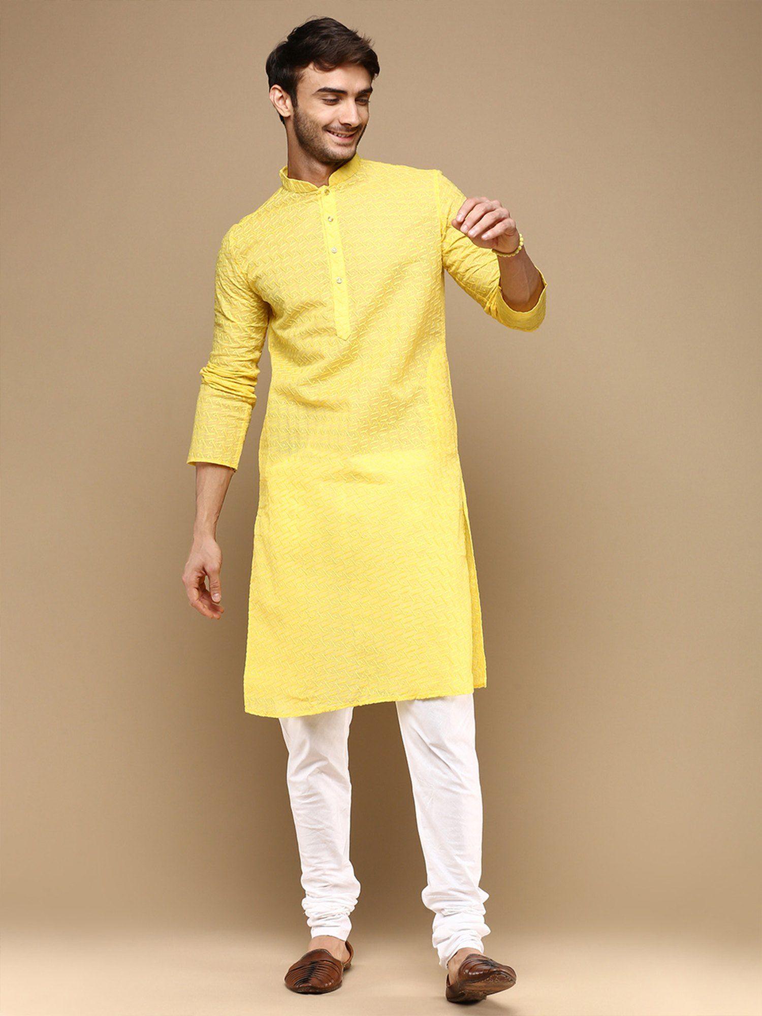 chic classic mens yellow chikankari cotton kurta with churidar pyjama (set of 2)