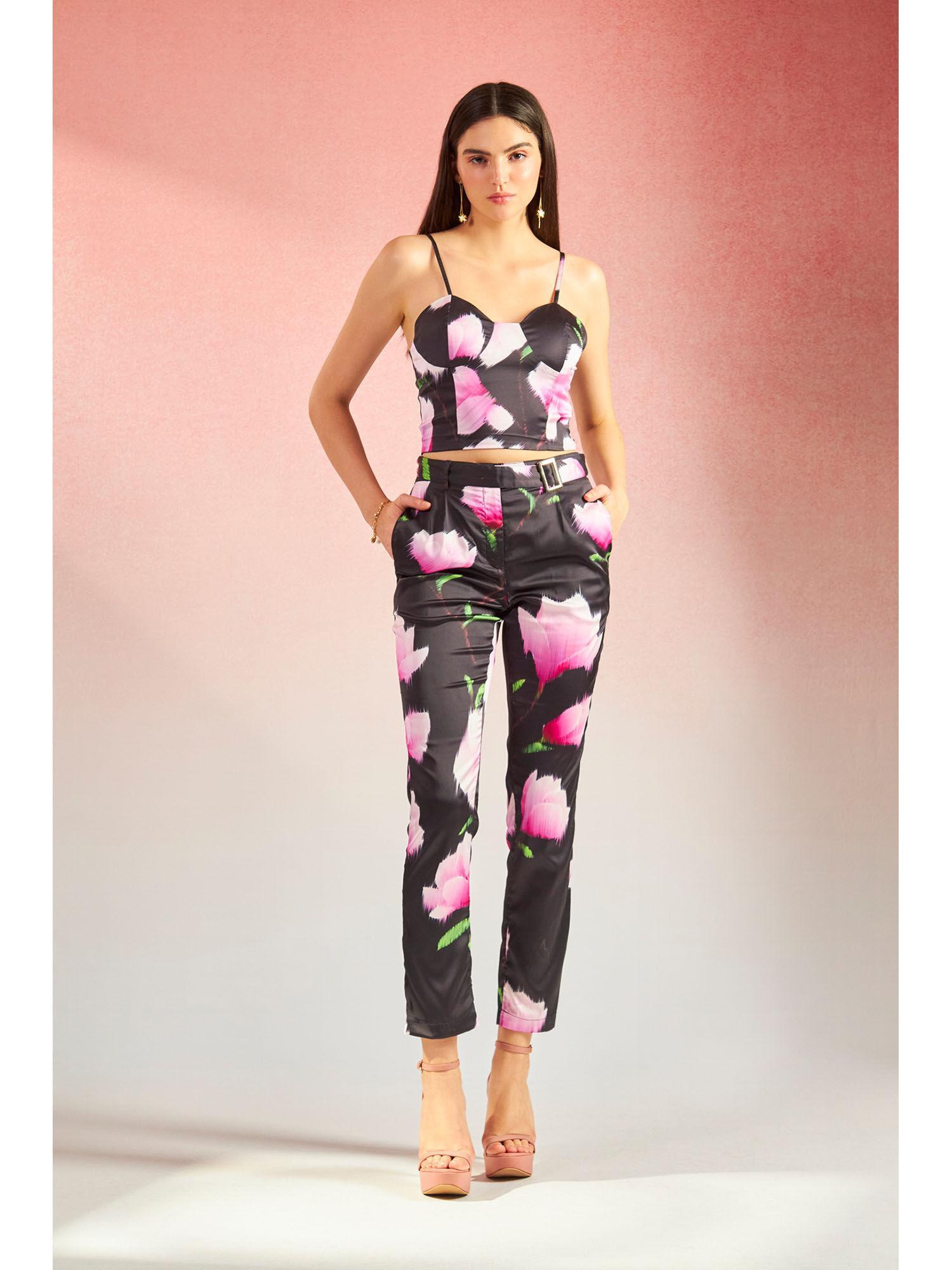 chic lycra satin floral co-ord (set of 3)