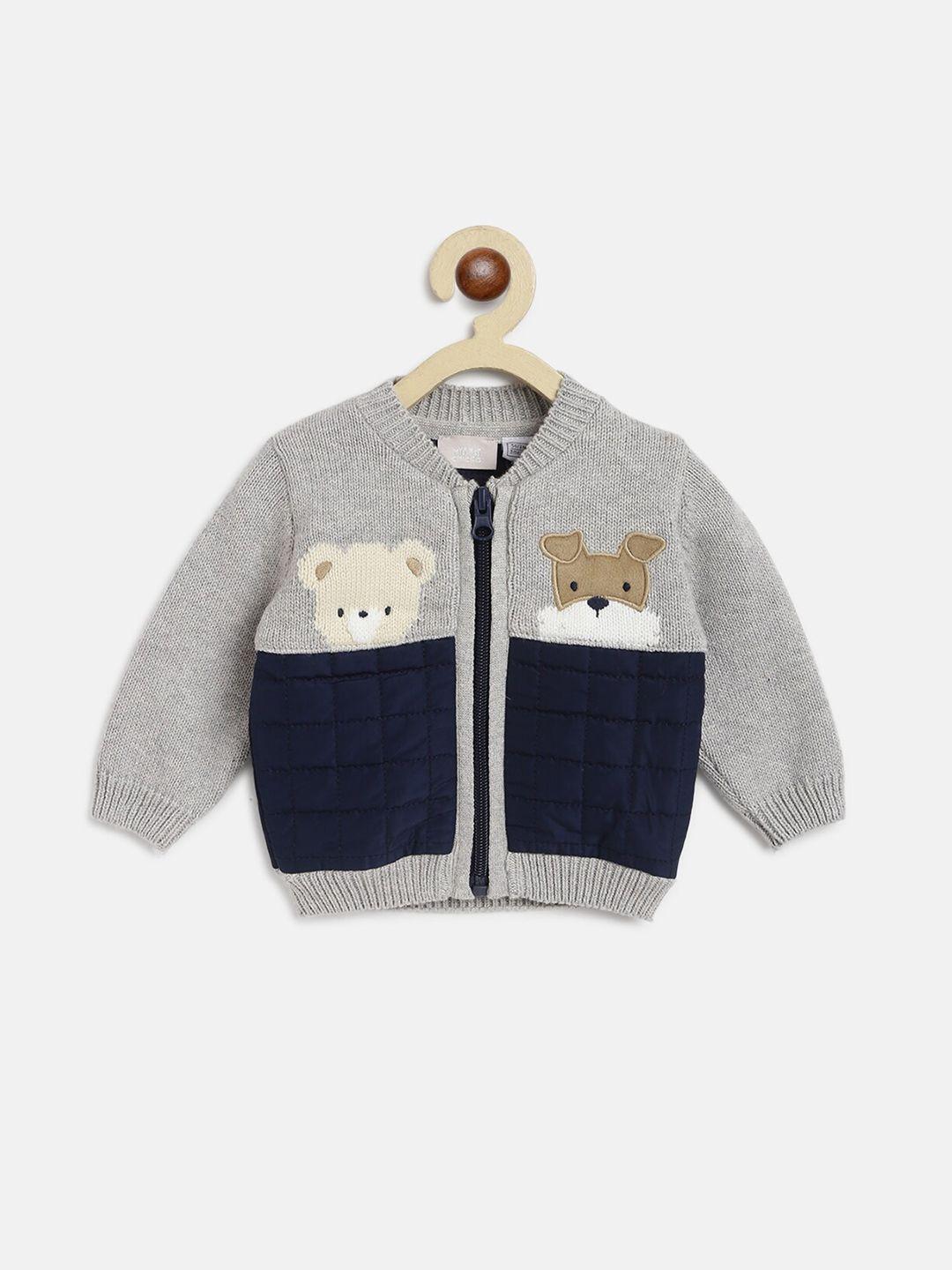 chicco boys grey & blue colourblocked cardigan with applique detail