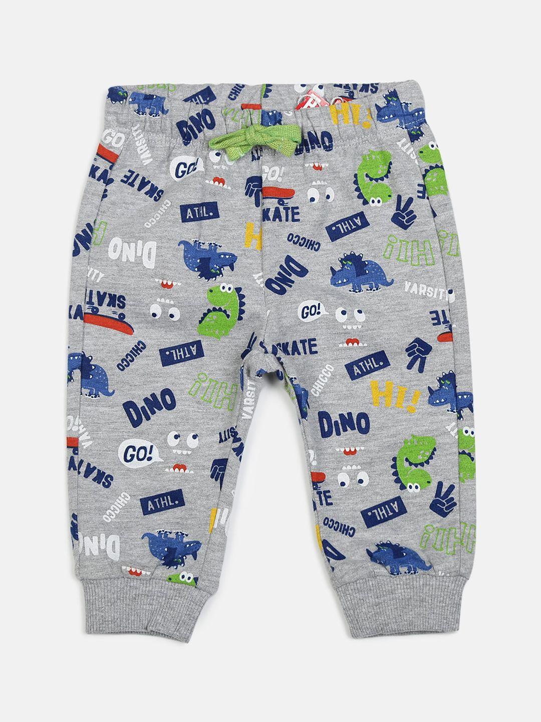 chicco boys grey & blue printed pure cotton joggers