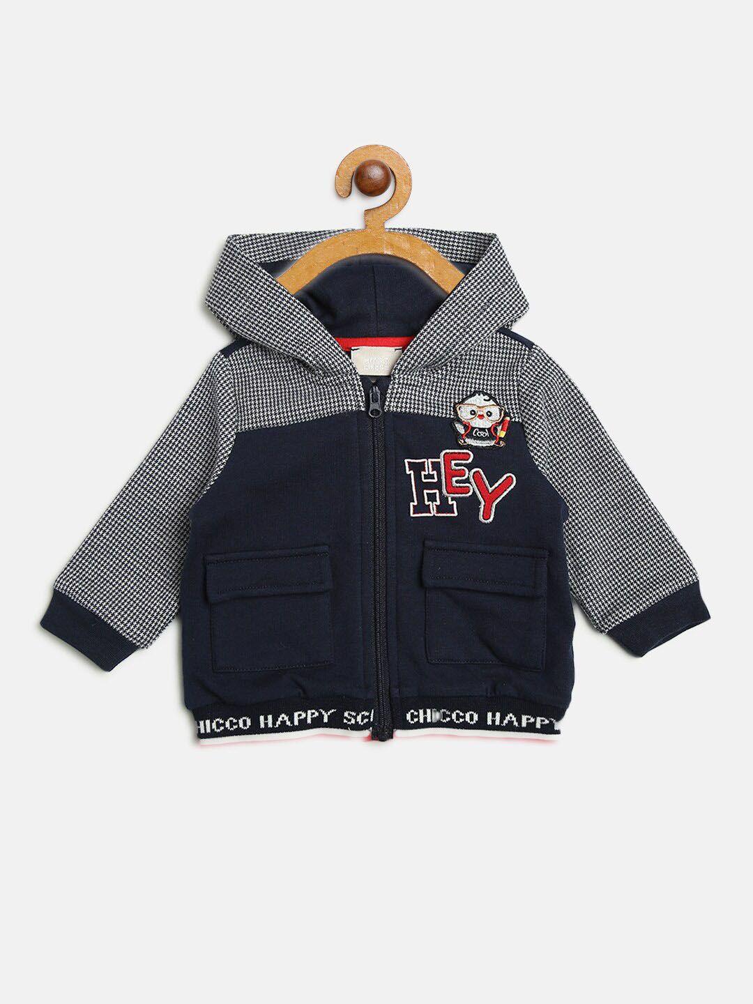 chicco boys navy blue & grey colourblocked hooded cardigan with applique detail