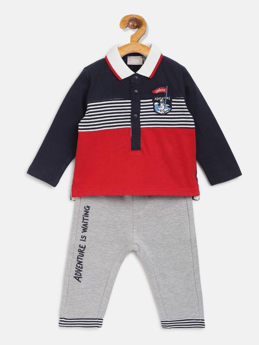 chicco boys navy blue & red printed 2 pcs t-shirt & 1 trouser set