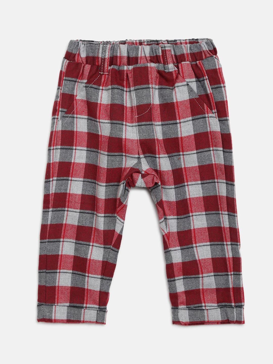 chicco boys red & grey tapered fit checked regular trousers