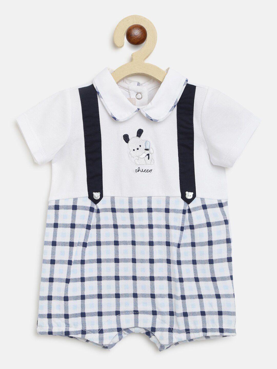chicco infants boys white & navy-blue checked pure cotton romper