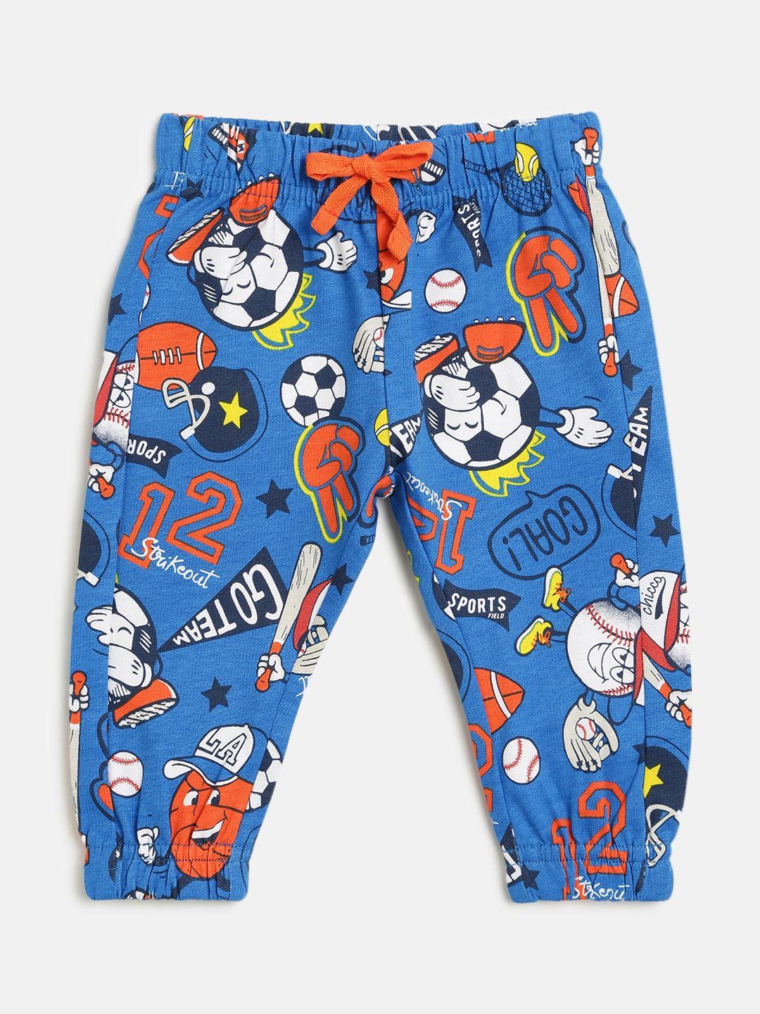 chicco boys blue & red conversational printed pure cotton joggers