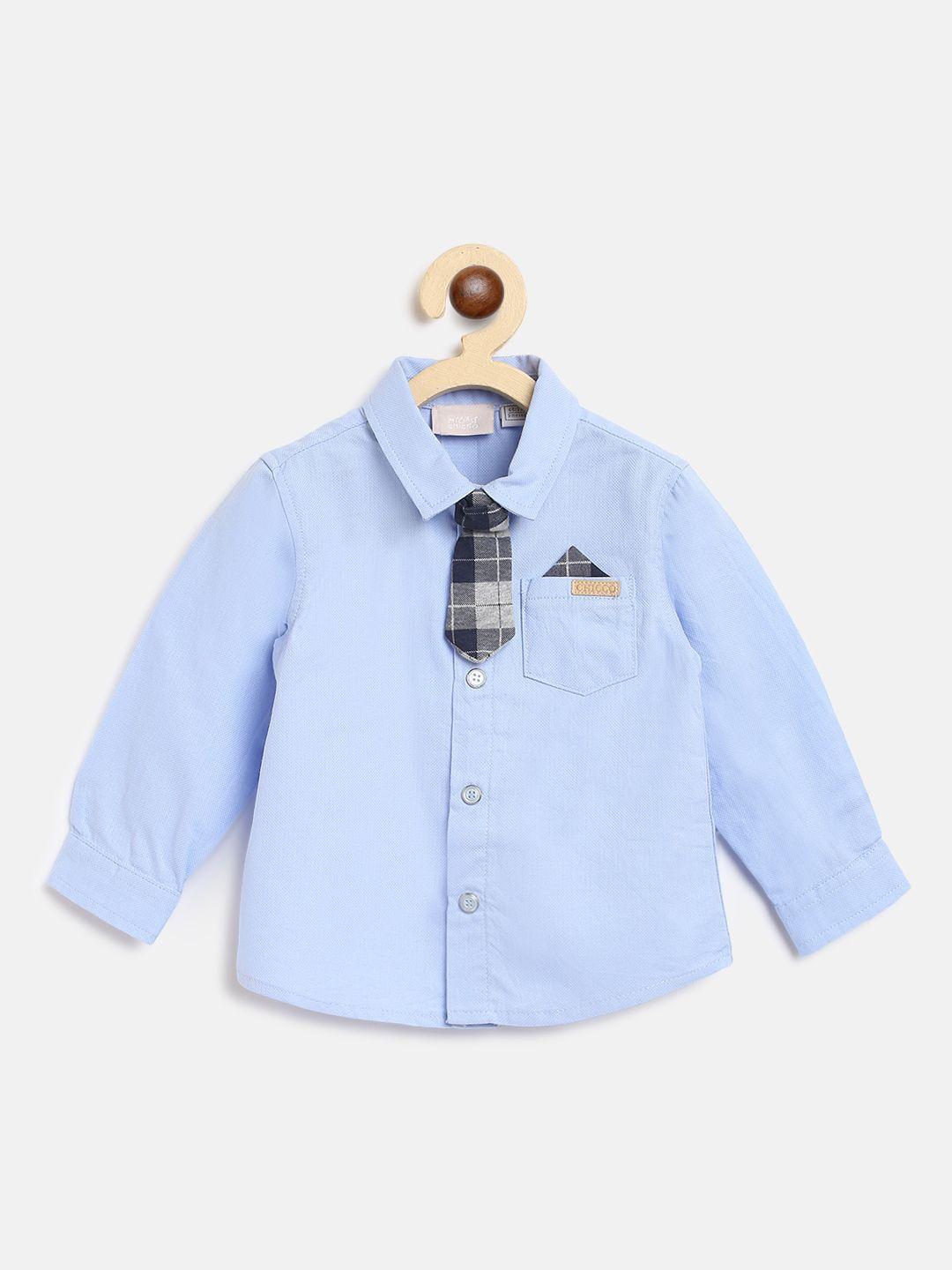 chicco boys blue solid cotton casual shirt with tie