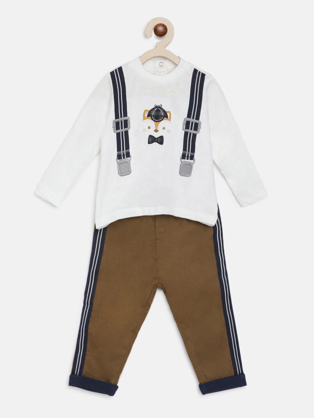 chicco boys brown & off white applique pure cotton t-shirt with trousers
