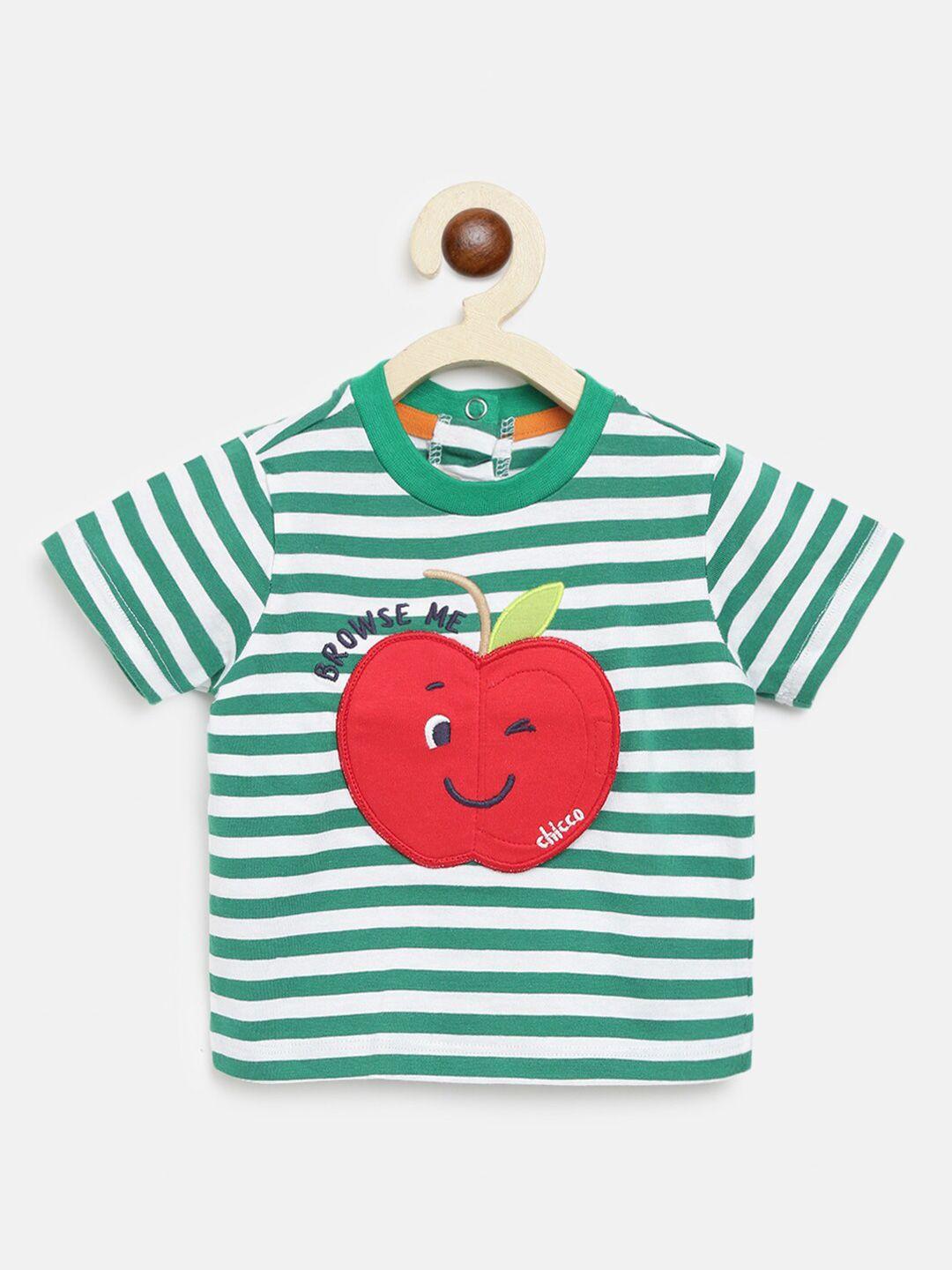 chicco boys green & white striped pure cotton applique t-shirt