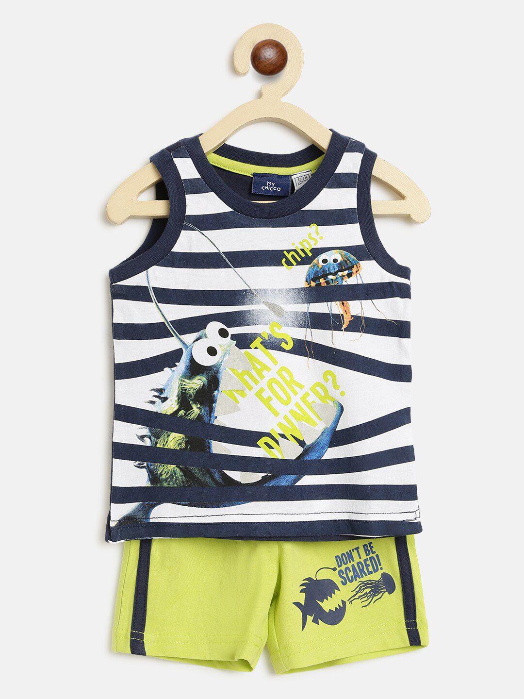 chicco boys navy blue & lime green pure cotton printed t-shirt with shorts
