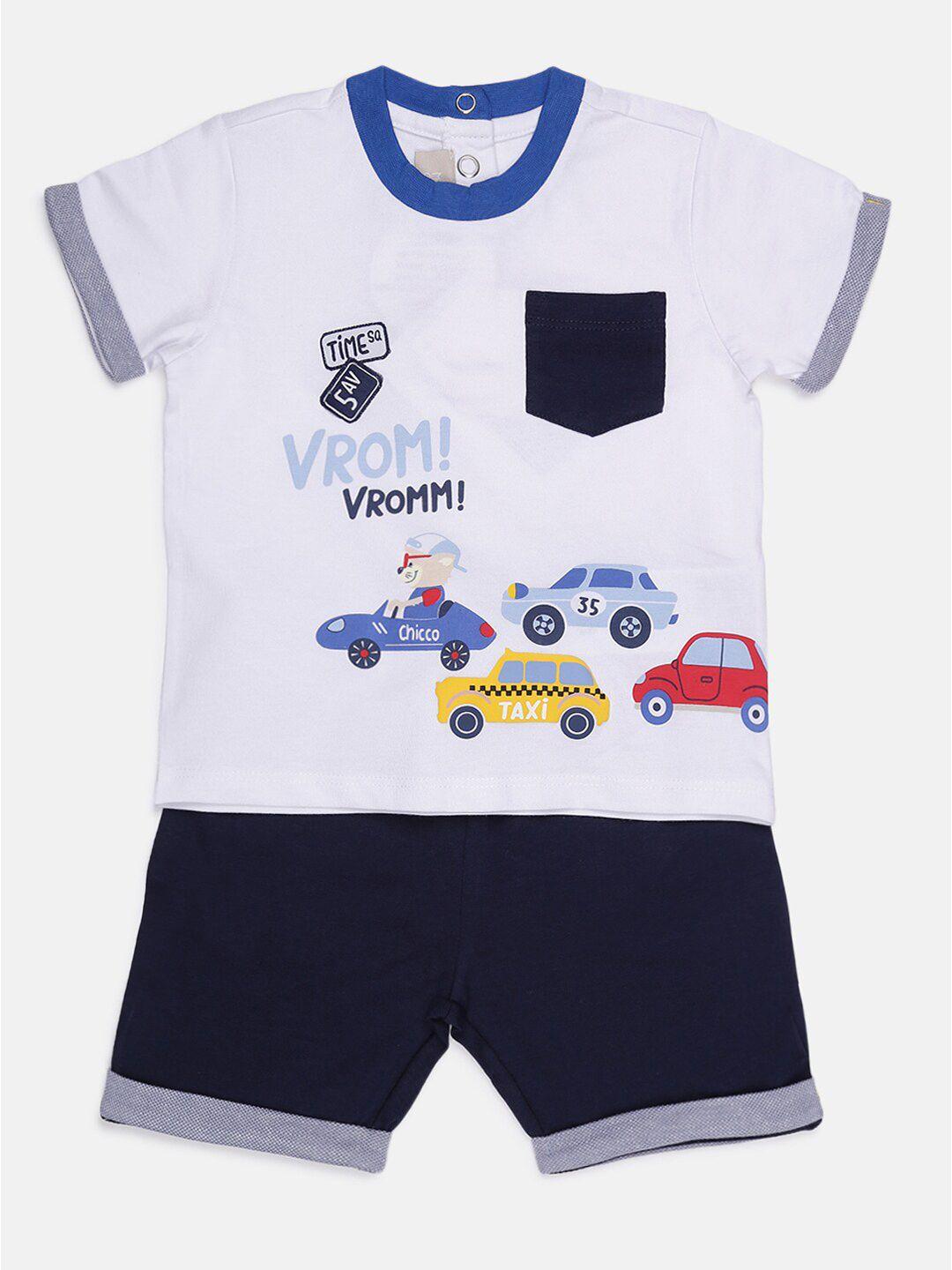 chicco boys white & navy blue printed cotton t-shirt with shorts