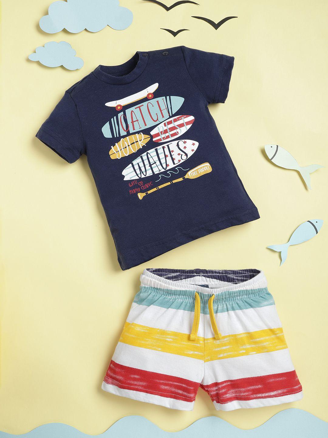 chicco infant boys navy blue & white pure cotton printed t-shirt with striped shorts