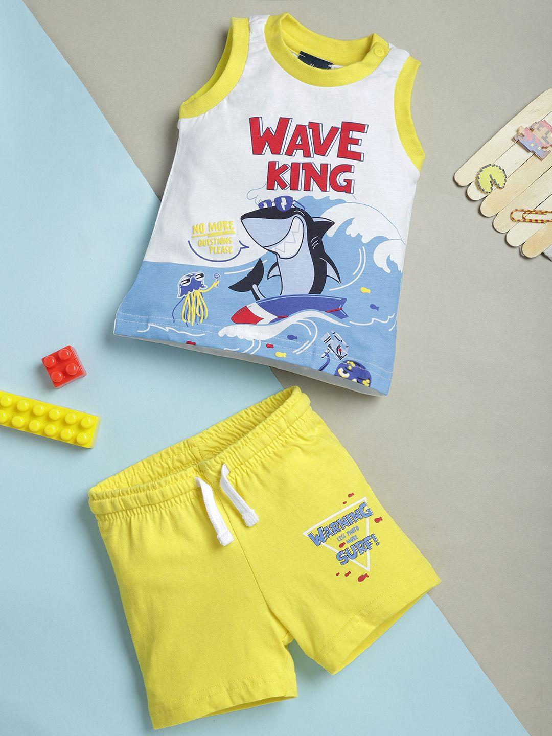 chicco infant boys white & yellow pure cotton printed t-shirt with shorts