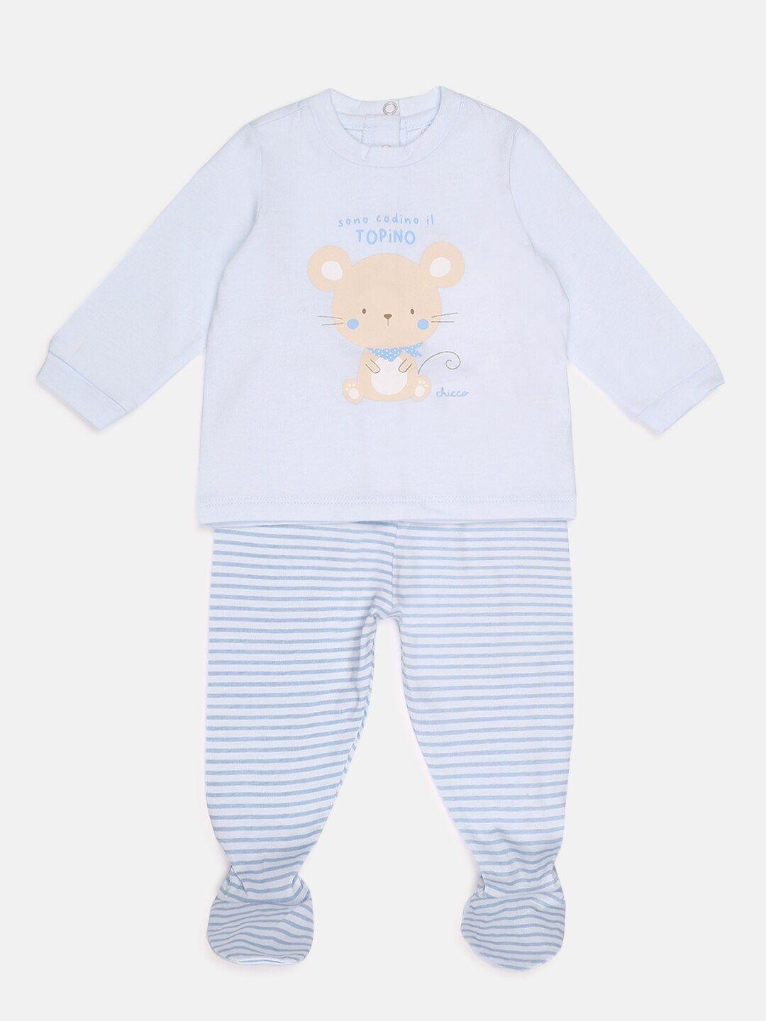 chicco infant kids blue & white printed t-shirt with pyjamas