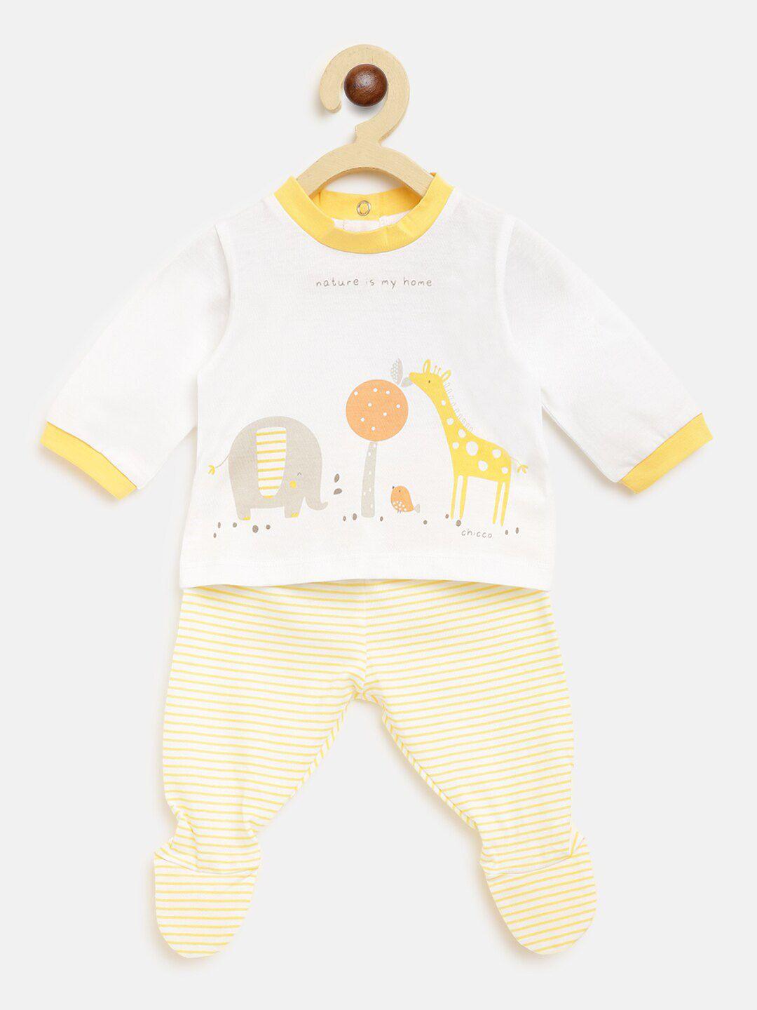 chicco unisex kids white & yellow printed pure cotton t-shirt with leggings