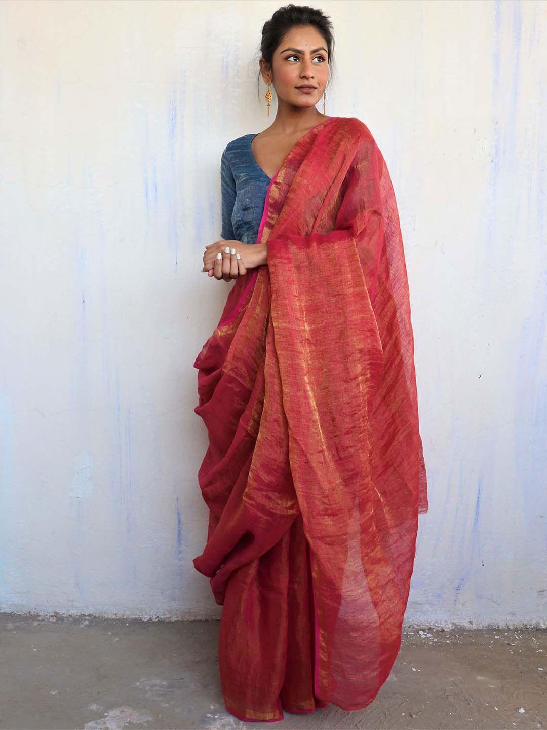 chidiyaa pink & gold-toned pure linen saree