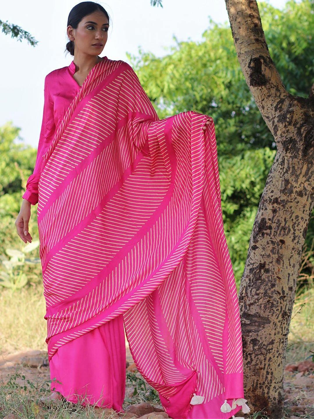 chidiyaa pink & white striped pure silk block print saree
