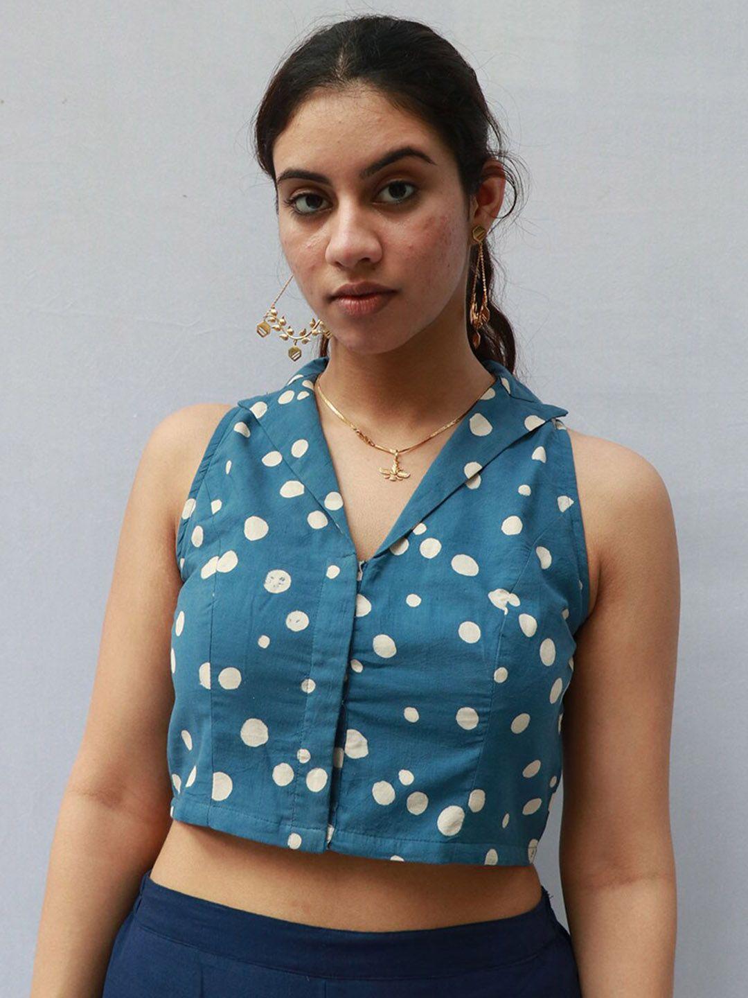 chidiyaa polka dots printed sleeveless cotton saree blouse