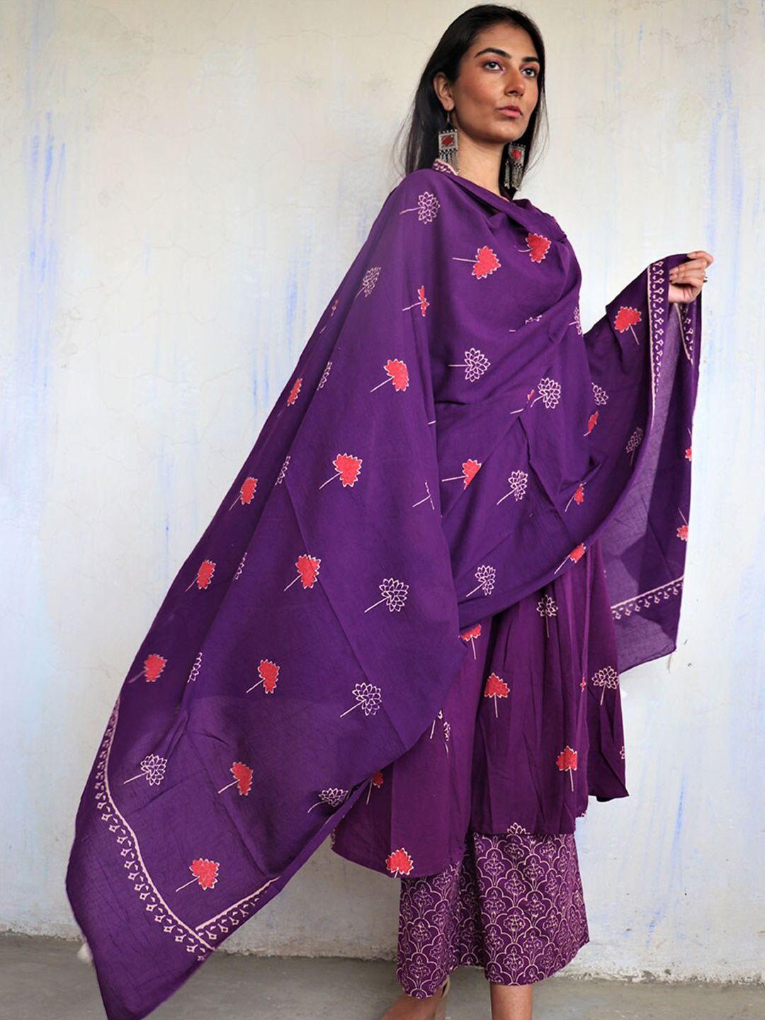 chidiyaa purple & red printed pure cotton dupatta