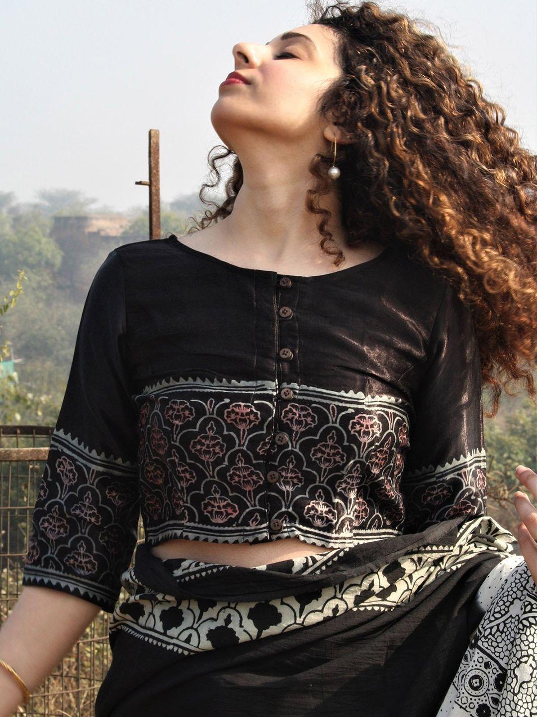 chidiyaa women black block print silk readymade saree blouse