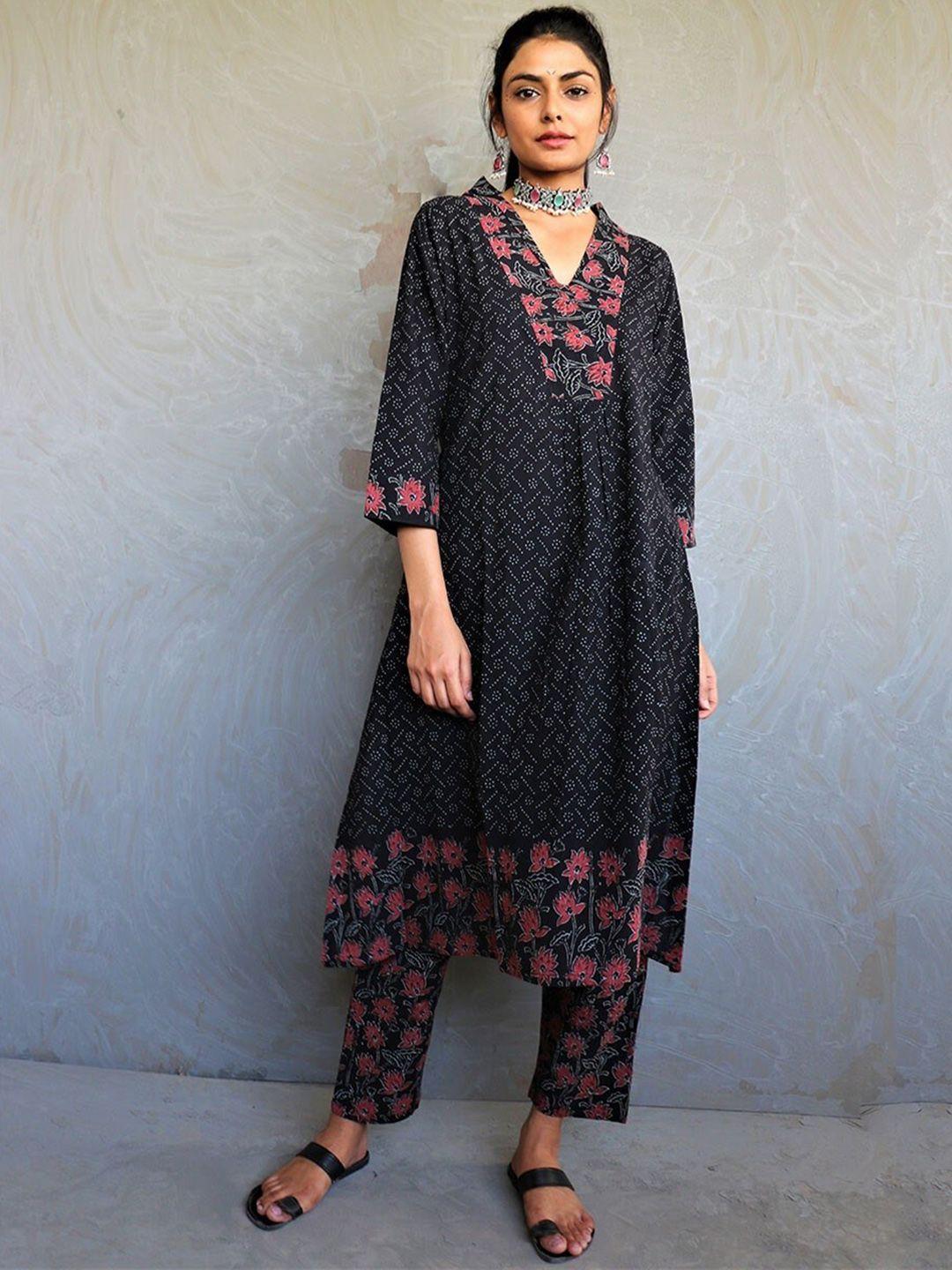 chidiyaa women black floral embroidered empire pure cotton kurta with trousers