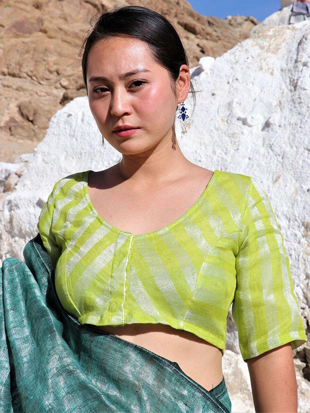 chidiyaa women green striped woven saree blouse