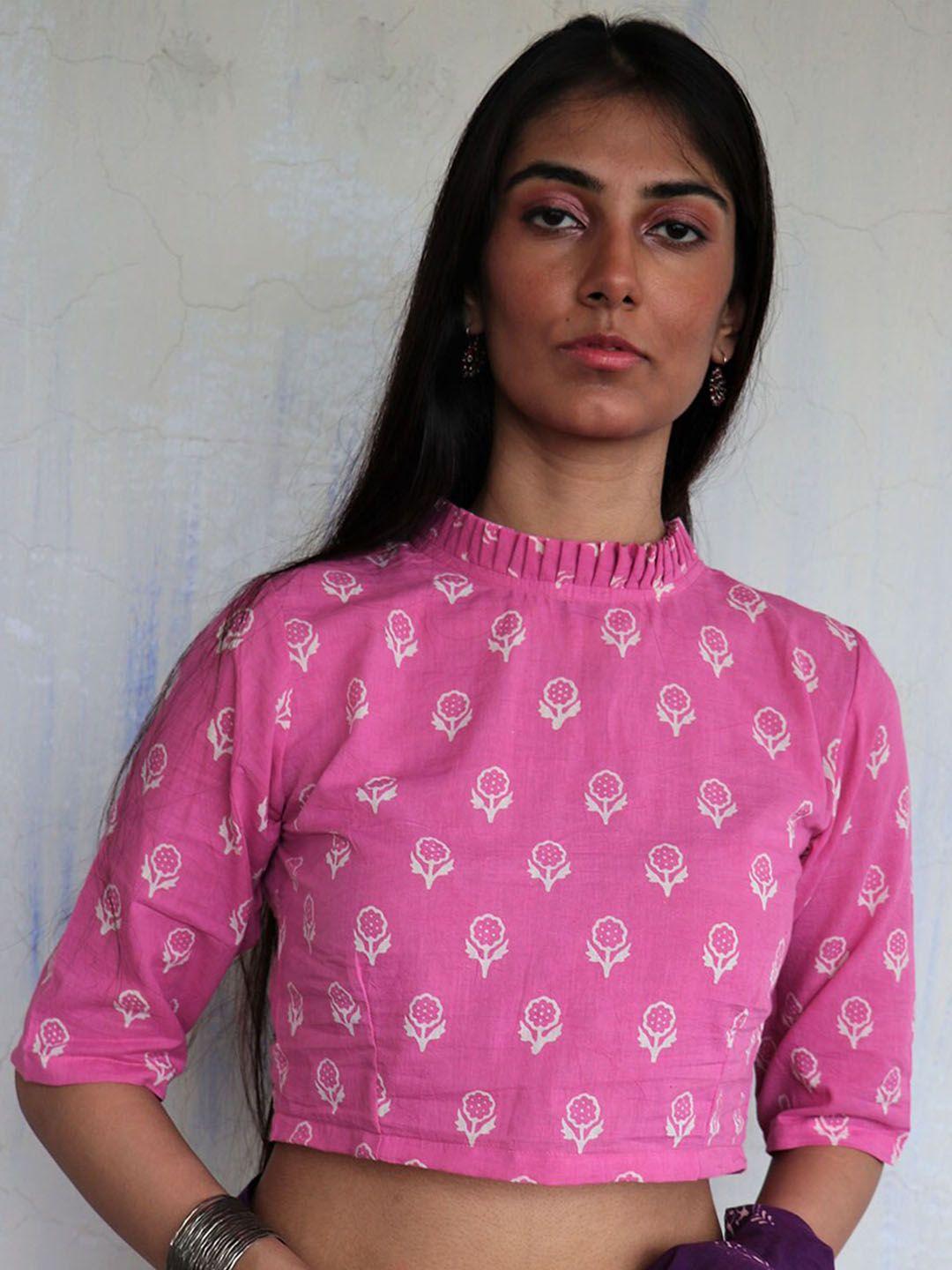 chidiyaa women pink & white printed cotton saree blouse