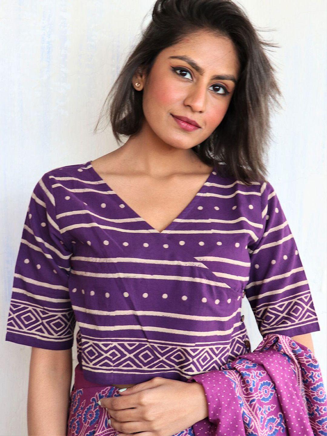 chidiyaa women purple block printed cotton saree blouse