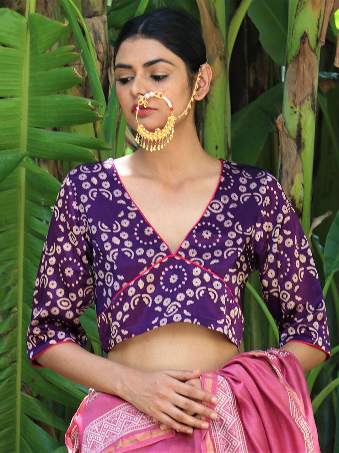 chidiyaa women purple printed silk saree blouse