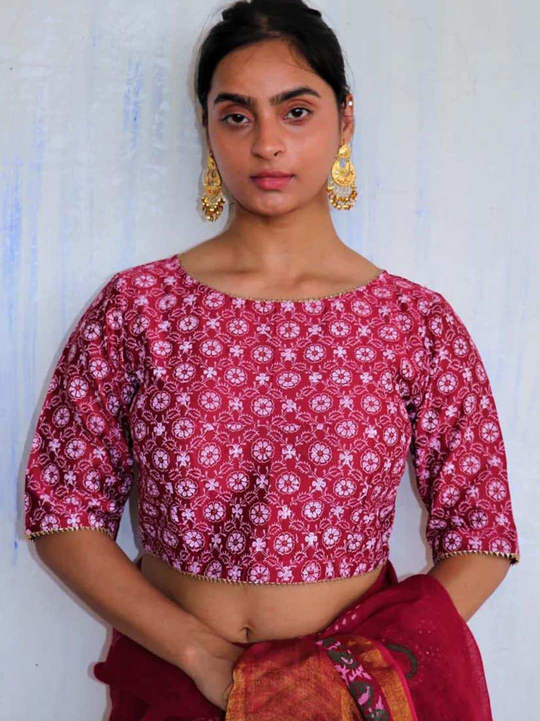 chidiyaa women red & white printed chanderi saree blouse
