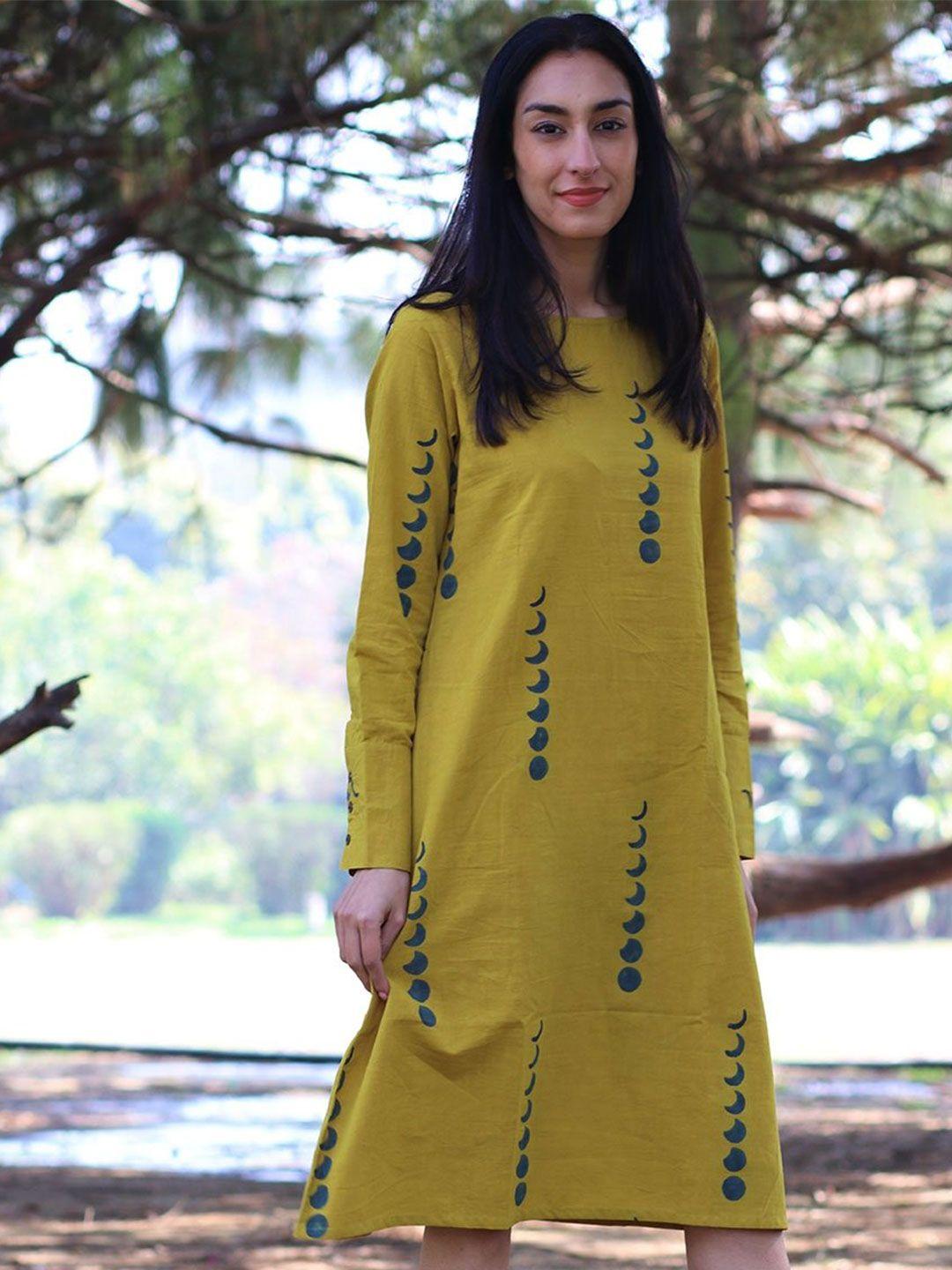 chidiyaa yellow block printed a-line dress