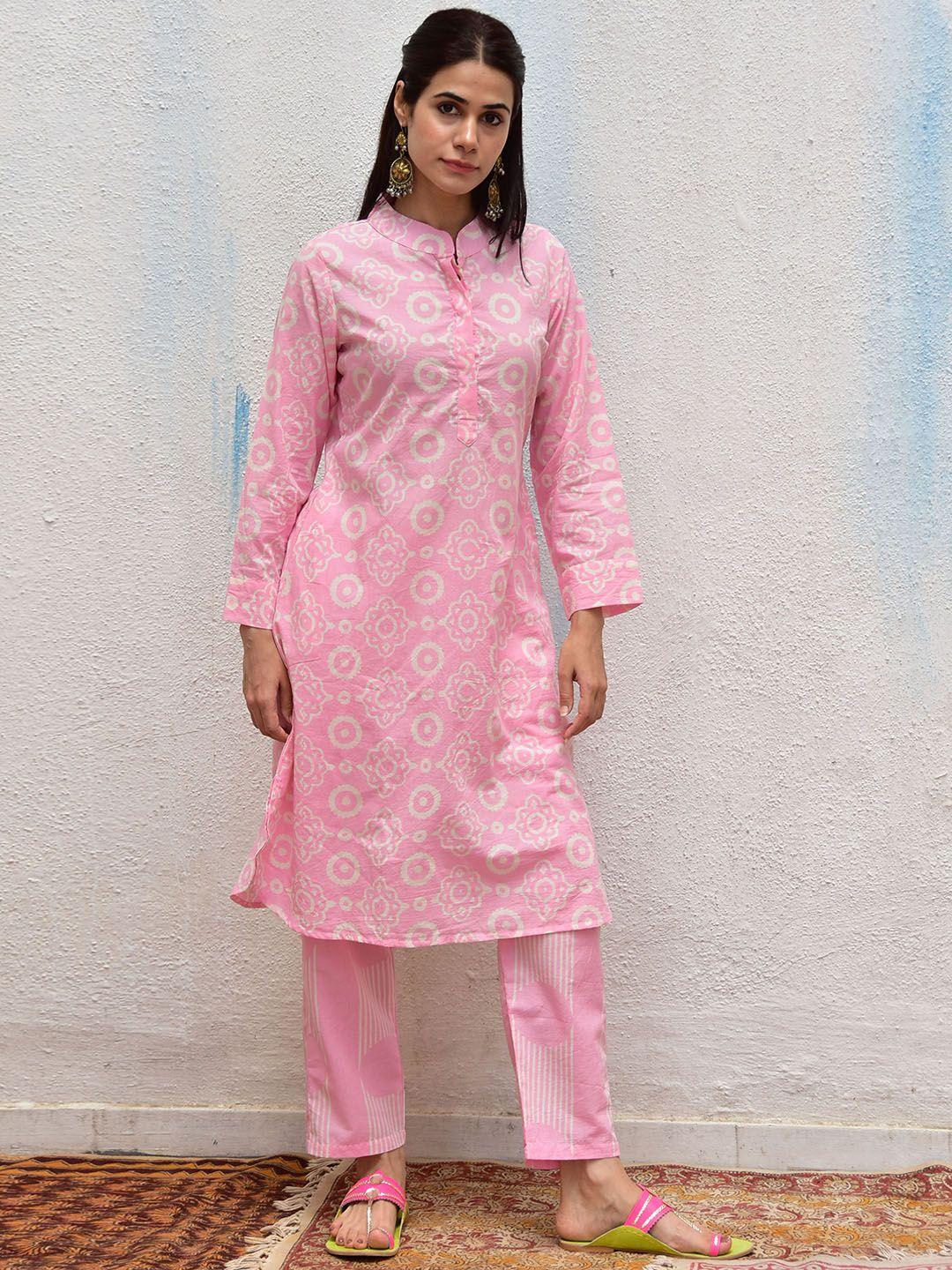 chidiyaa  ethnic printed mandarin collar pure cotton straight kurta with trousers