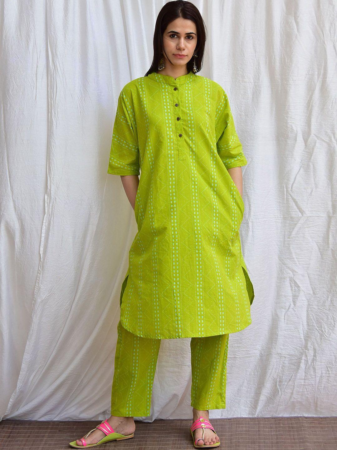 chidiyaa abstract printed band collar pure cotton straight kurta with trousers