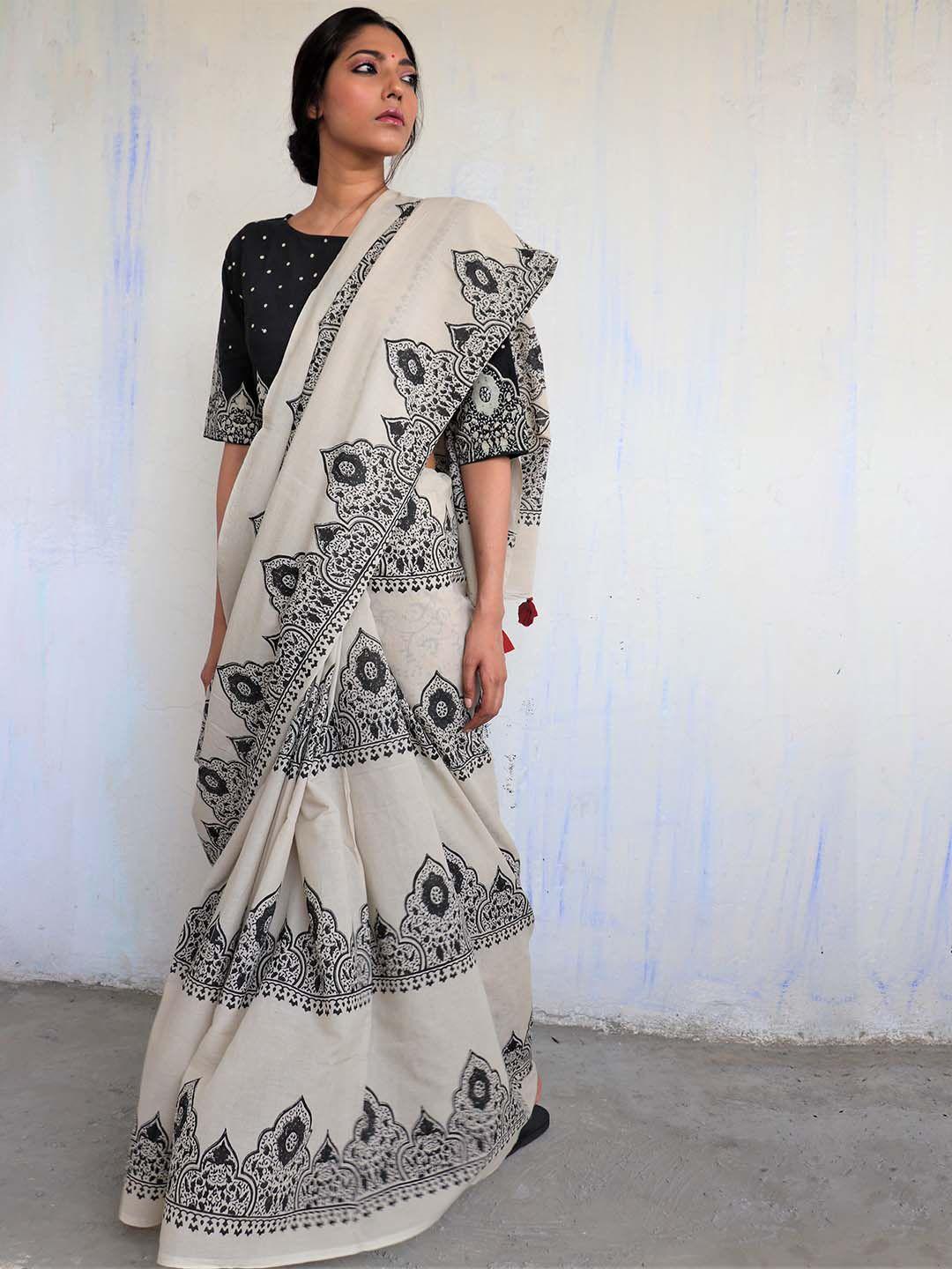 chidiyaa black & cream-coloured ethnic motifs pure cotton saree