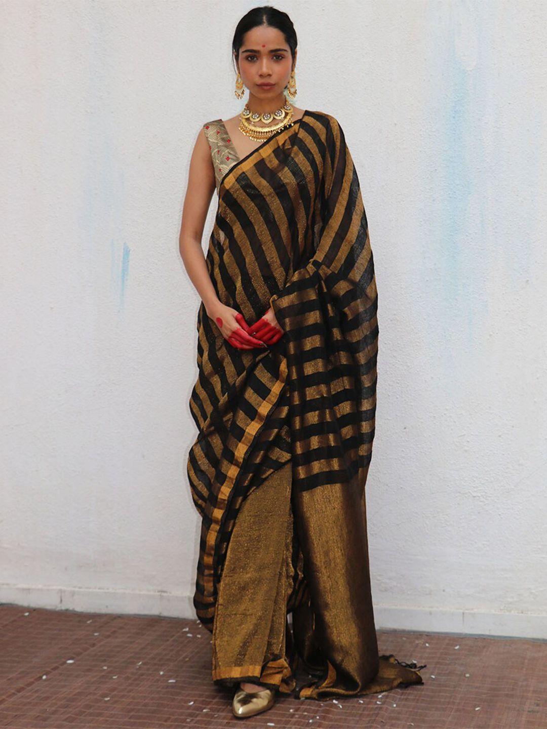 chidiyaa black & gold-toned linen blend saree