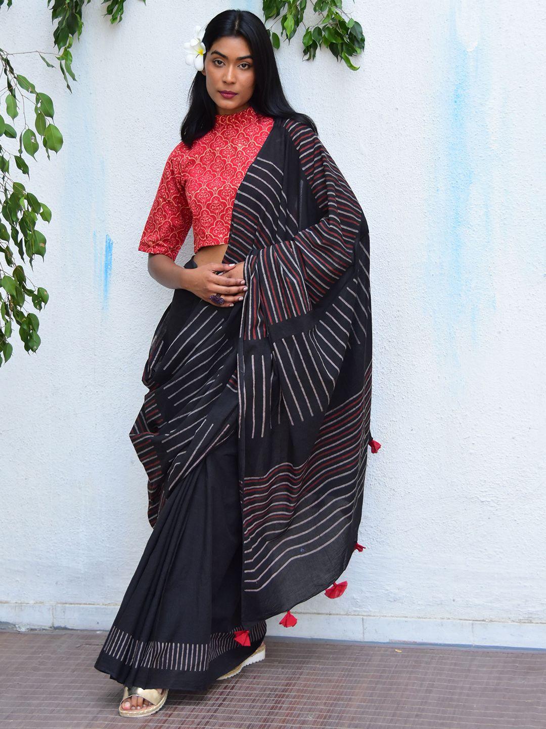 chidiyaa black & red striped pure cotton block print saree