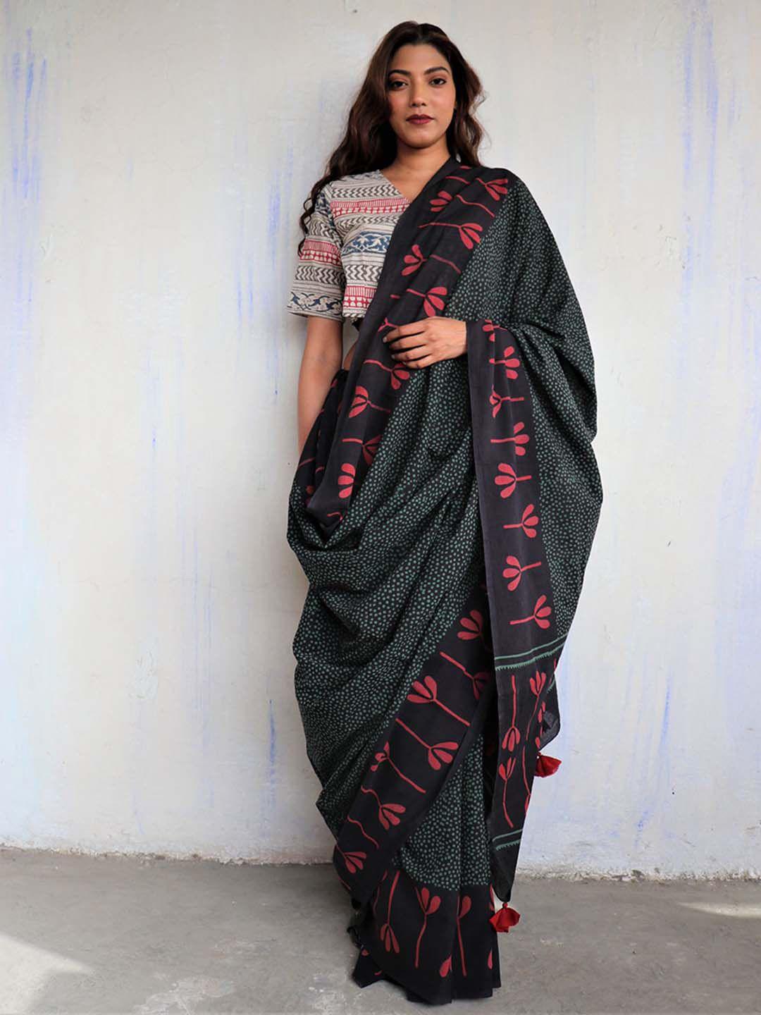 chidiyaa black & rust pure cotton saree